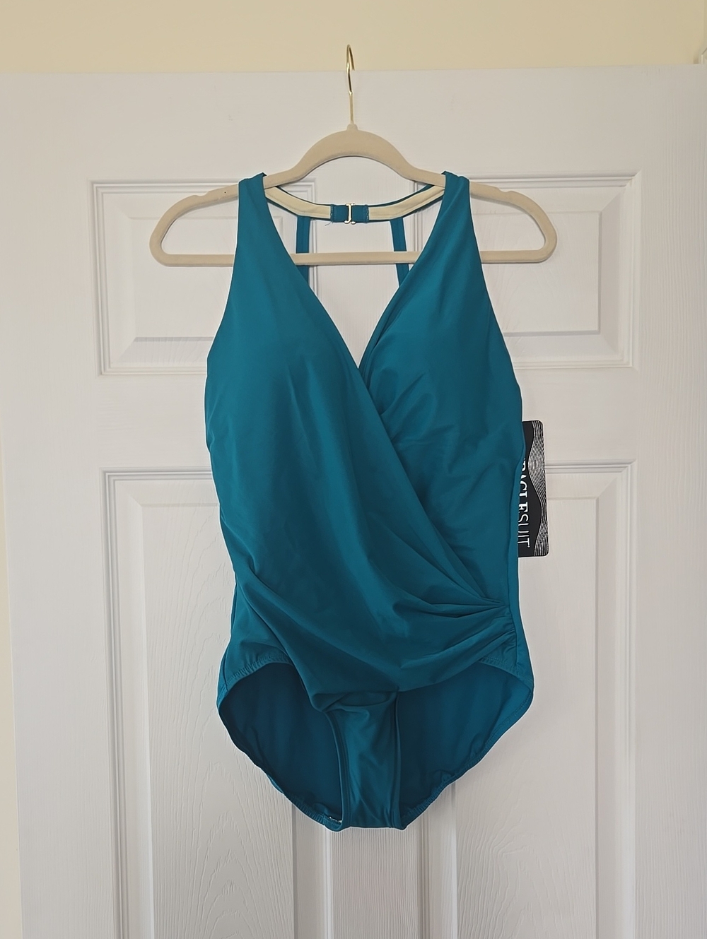 NWT Miraclesuit Turquoise Surplice One-Piece Swimsuit Maldives Blue Wrapsody - Picture 2 of 9